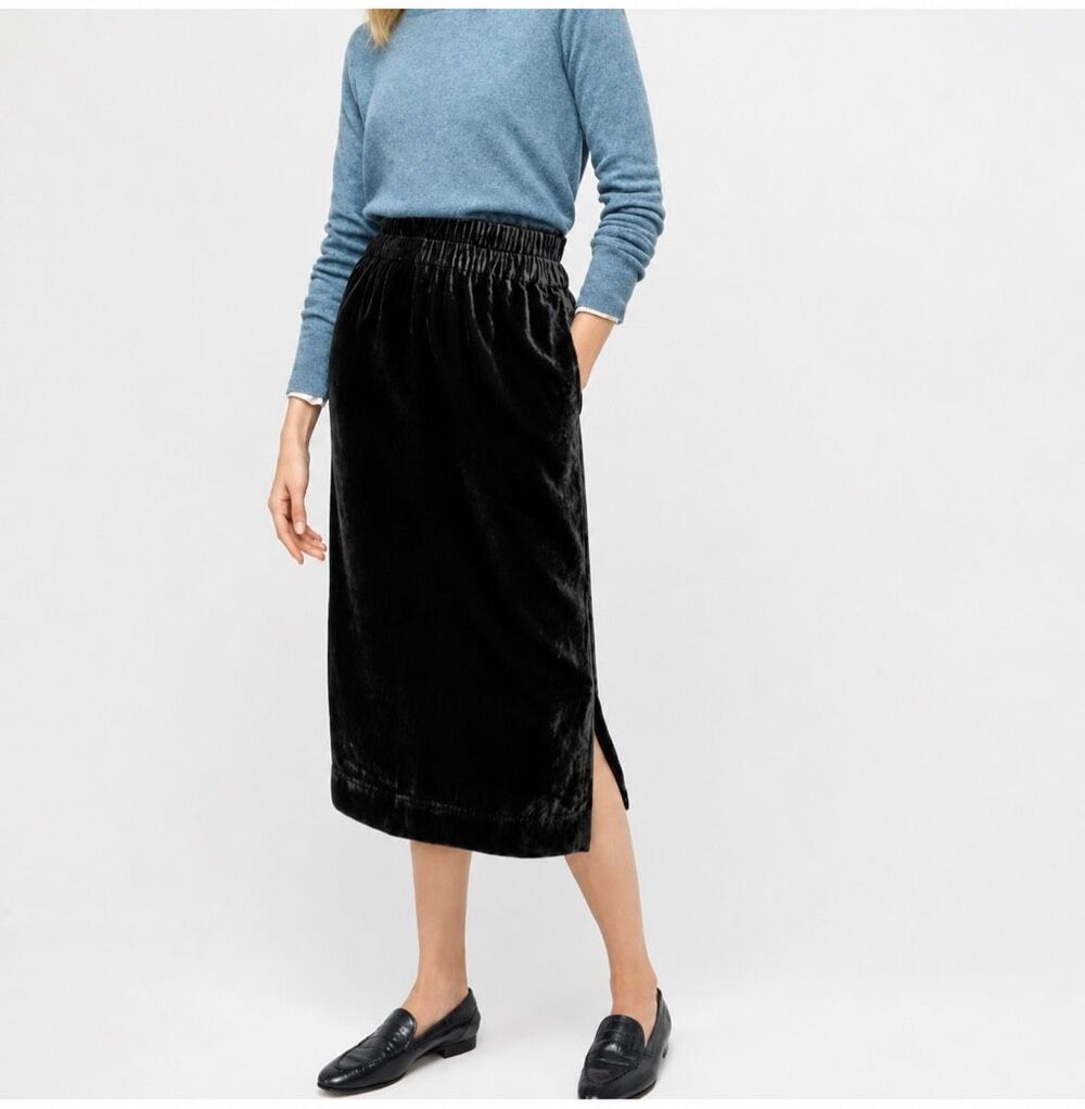 J. Crew Black Velvet Pull-On Midi Skirt
